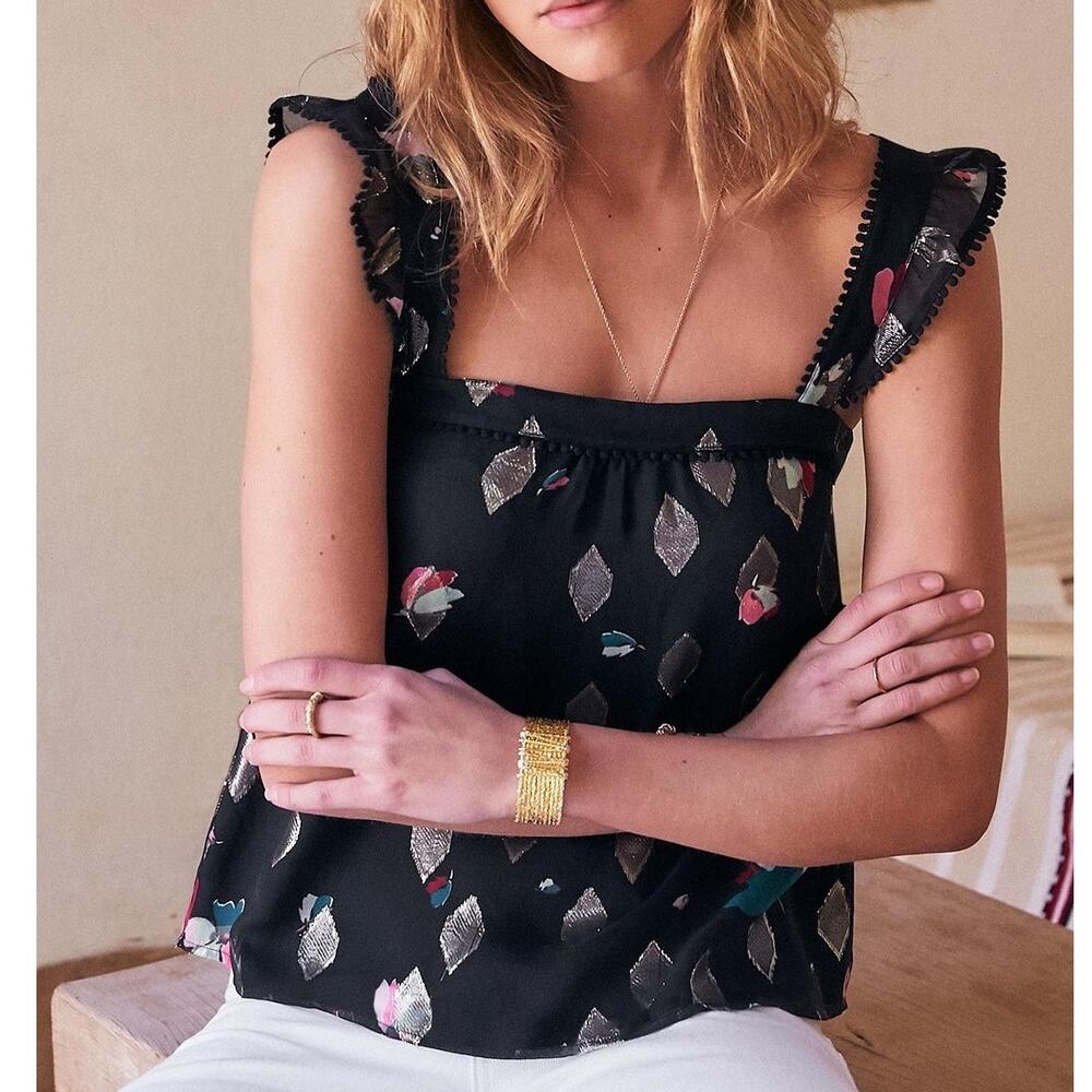 Sezane Abby Blouse Black Metallic Floral Diamond Silk Tank Top Button Down